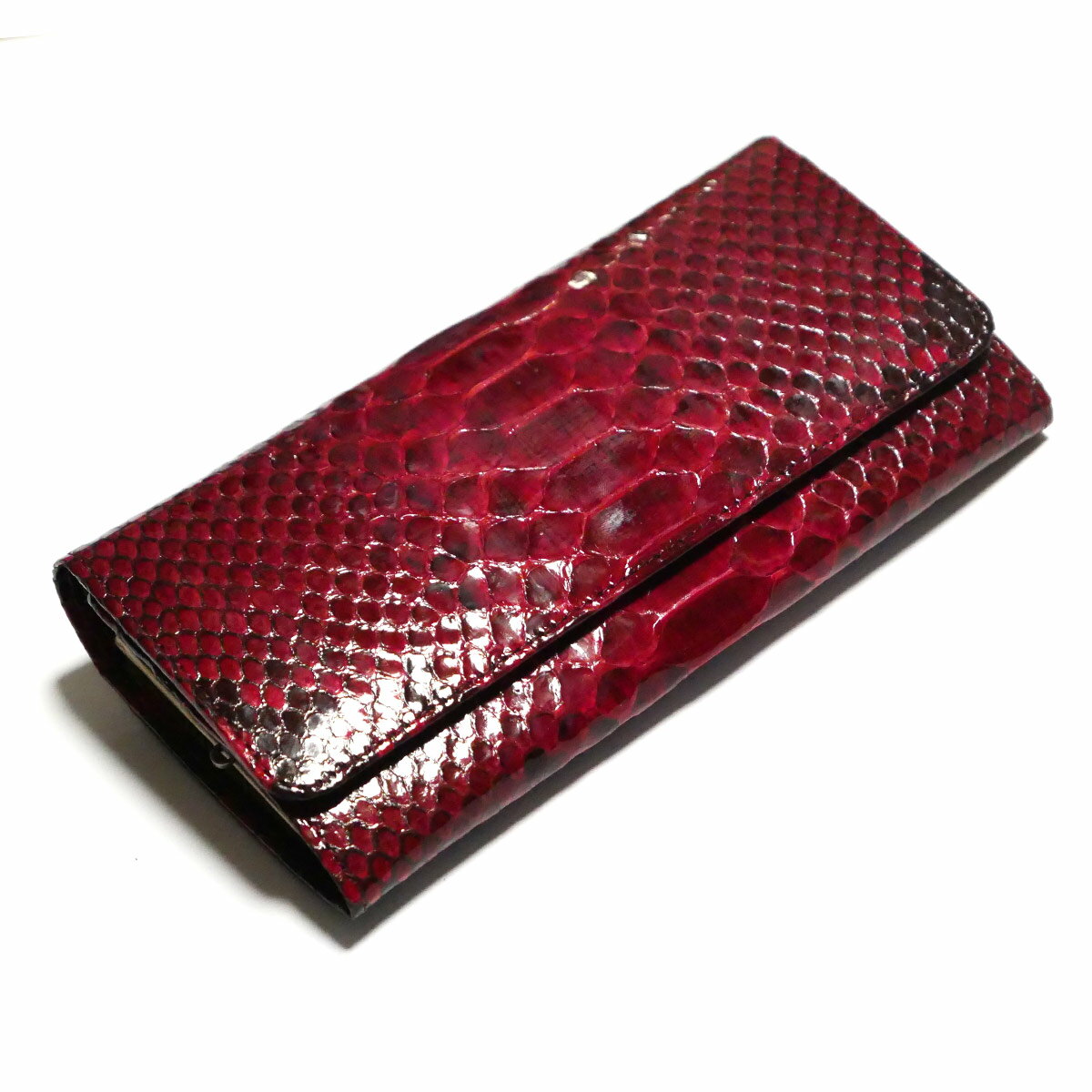がま口 長財布 かぶせ型 / 本革 パイソン革 ダイヤモンドパイソン グレージング レッド