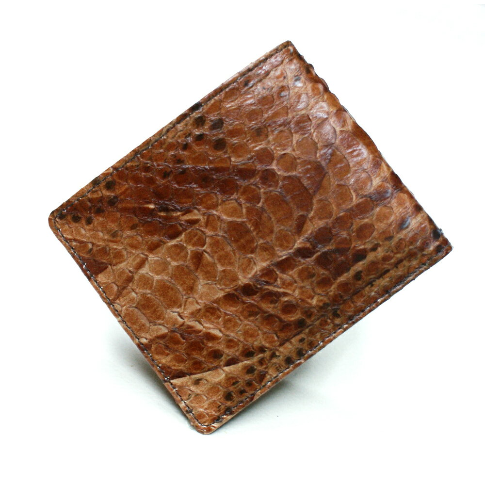 Bi-fold wallet, no coin pocket, made of snakeskin (python), with a double-sided design for bills and cards. Genuine leather wallet, made in Japan, hard shade, chocolate color.