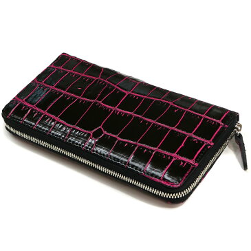 長財布 ラウンドファスナー メンズ レディース 財布 サイフさいふ 長札 大容量 本革 クロコダイル革 ワニ革 ネオン バリバー ピンク