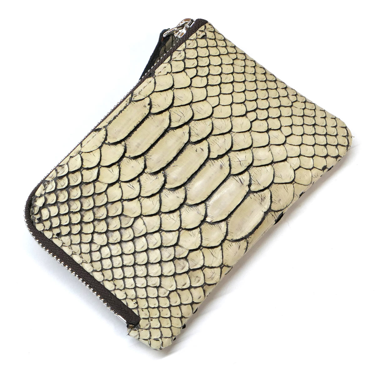 L字 ラウンドファスナー財布 薄型 コンパクト 本革 ダイヤモンドパイソン 蛇革 ヘビ革 ゼブラ ベージュ
