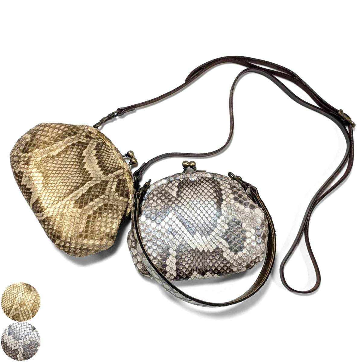 パイソン モラレス パール 本革 がま口 ミニ バッグ 3WAY / ハンドベルト ショルダーベルト付属 色選択..