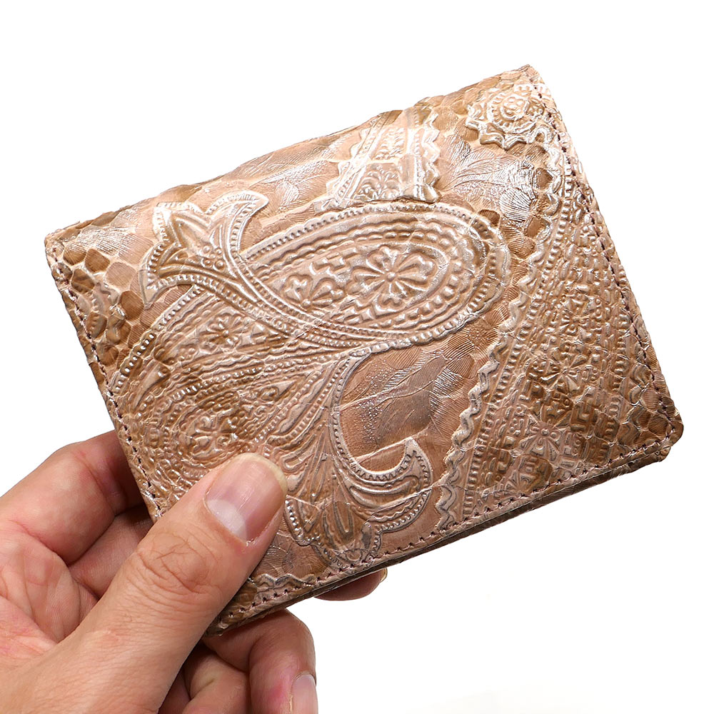 財布 二つ折り財布 折り財布 金運財布 本革 パイソン ヘビ 蛇 へび 無双 ボックス型 小銭入れ付 カード収納 レディース メンズ【送料無料 日本製】ペイズリー柄 ピンク