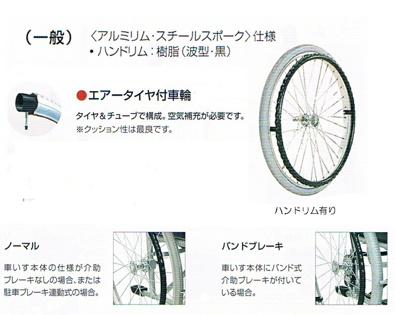 自走用車いす車輪1本【エアータイヤ24インチ】【アルミリム・スポーク・ハンドリム樹脂波型黒】