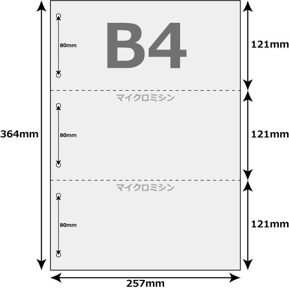 マイクロミシン 入用紙 500枚 3分割 マイクロミシン ヨコ2本 ファイル穴6個付 B4サイズ レーザープリンター インクジェットプリンター プリンター用紙 マルチプリンタ用 上質コピー用紙 ミシン入り用紙 帳票用紙 3面カット紙