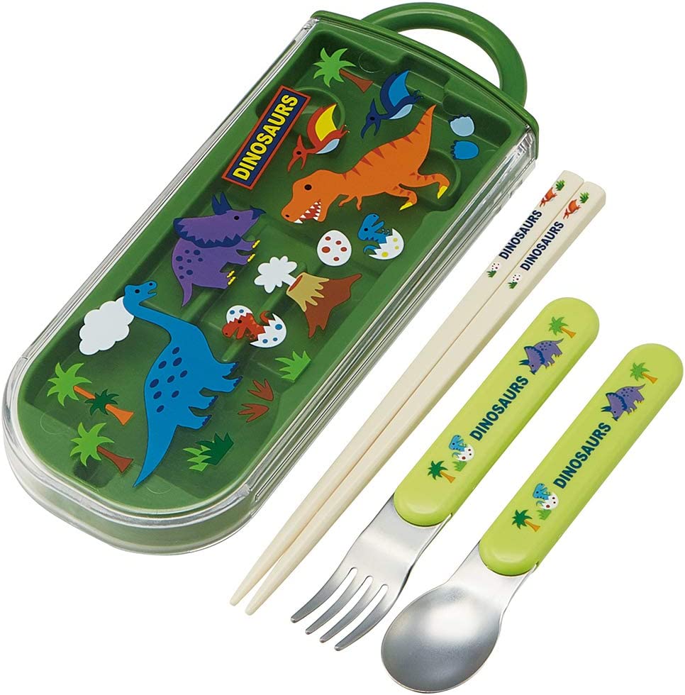 抗菌食洗機対応スライド式トリオセット(名入れスペース付お箸) ディノサウルス DINOSAURS 恐竜 お弁当 幼稚園 箸 スプーン フォーク 収納ケース グリーン 子供 男の子 女の子 2023 メール便送料無料のサムネイル