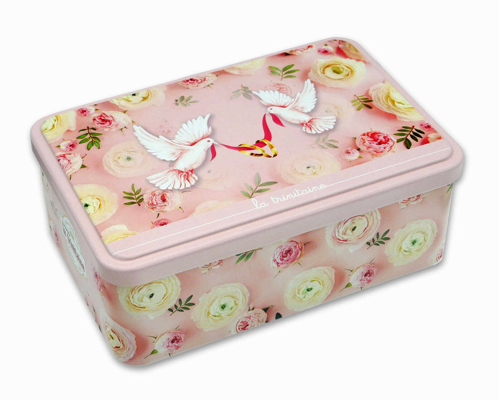 ラ・トリニテーヌ マリッジ缶 (ガレット/パレット詰合せ) 300g クッキー 缶 結婚 お祝い ピンク 鳥 デコ缶 ラトリニテーヌ お菓子 焼き菓子 手土産 おみやげ グッズ 誕生日プレゼント プレゼント ギフト 敬老の日 2023のサムネイル