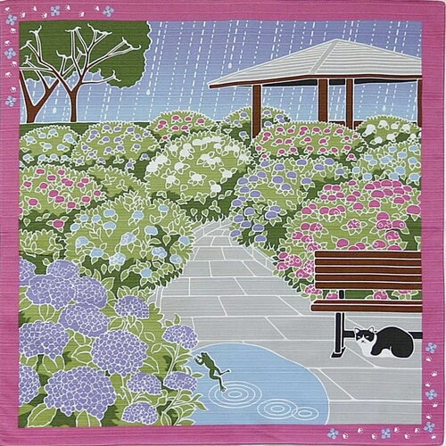 【商品名】 風呂敷 小風呂敷「紫陽花」Hydrangea（6月・六月・ねこ・猫・ネコ）50cm 【商品説明】 製品サイズ：約50cm×50cm 素材：綿100%（シャンタン生地） 生産地：日本 お昼寝とお散歩が大好きな猫のたま。 四季折々の景色の中をのんびりお散歩中♪ ランチクロスとしても、タペストリーとしても使えます。 風呂敷生地としてスタンダードなシャンタン生地を、 伝統ある型友禅の技法でプリントしています。 洗濯表示ネーム記載事項 ・液温は40℃を限度とし、洗濯機で洗濯出来る ・塩素系及び酸素系漂白剤の使用禁止 ・タンブル乾燥禁止 ・日陰のつり干しがよい ・底面温度200℃を限度としてアイロン仕上げができる ・ドライクリーニング禁止 ・多少色落ちすることがあります▼ねこさんクッキーのねこさんたちがティーバッグになって新登場！たくさんのご注文ありがとうございます。 ▼今売れてる当店でしか買えない猫の和三盆 ▼ねこさんのクッキーも今売れてます♪ ▼犬のクッキーもオススメ♪