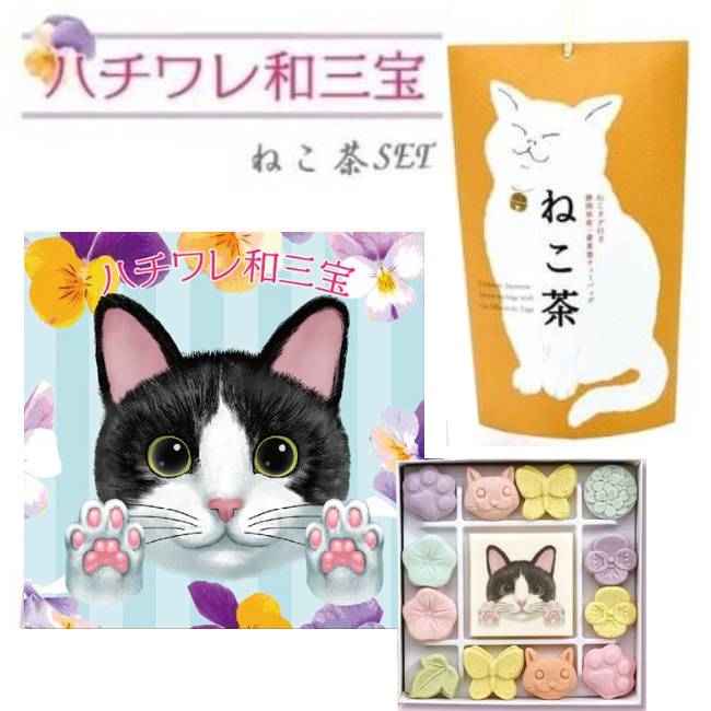 【猫さんセット】和三盆 和三盆糖 和三盆菓子 ハチワレ和三宝 & ねこ茶 静岡県産 緑茶 ティーバッグ (2点セット）お菓子 干菓子 和菓子 お茶請け 猫 日本茶 招き猫 黒猫 クロネコ 落雁 お祝い お礼 お返し 手土産 プチギフト ギフト 2023 送料無料のサムネイル