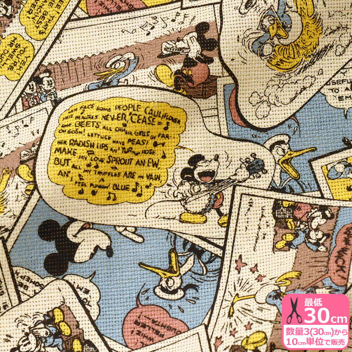 【マラソン中はポイント3倍】【ミッキーマウス】コミック柄（パナマメッシュ） ヴィンテージ風デザイン コットンリネン 綿麻 キャラクター生地 ナチュラル【生地・布】数量3(30cm)から10cm単位