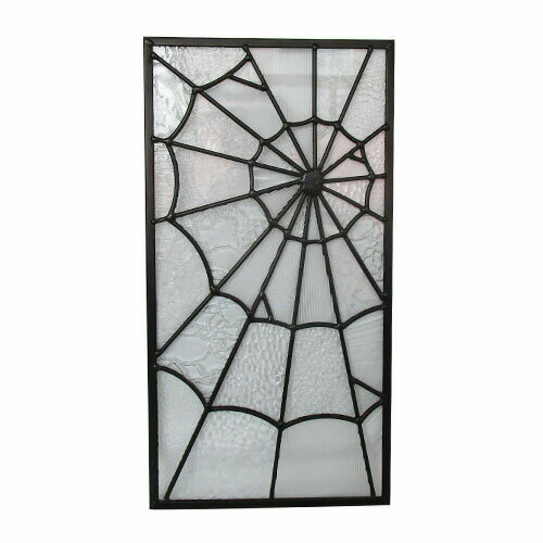 アンティーク　ステンドグラス（スパイダーネットデザイン）窓格子　ウォールデコ　フィクス窓　室内窓　ハロウィン　蜘蛛の巣デザイン クモの巣