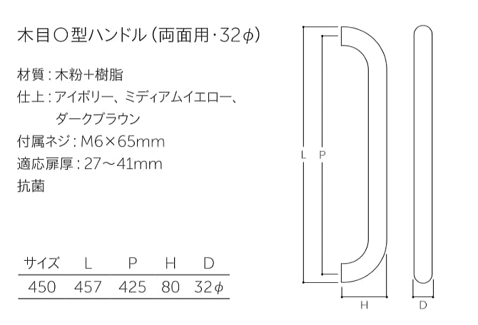 木目O型ハンドル（両面用）φ32【樹脂】【抗菌】【取っ手】【ドア】【扉】【玄関】【引き戸】【開き戸】【取手】【把手】【ドアハンドル】【ガラスドア】【金具】【引手】【テンパー】【バーハンドル】【ドアノブ】【取替え】【DIY】