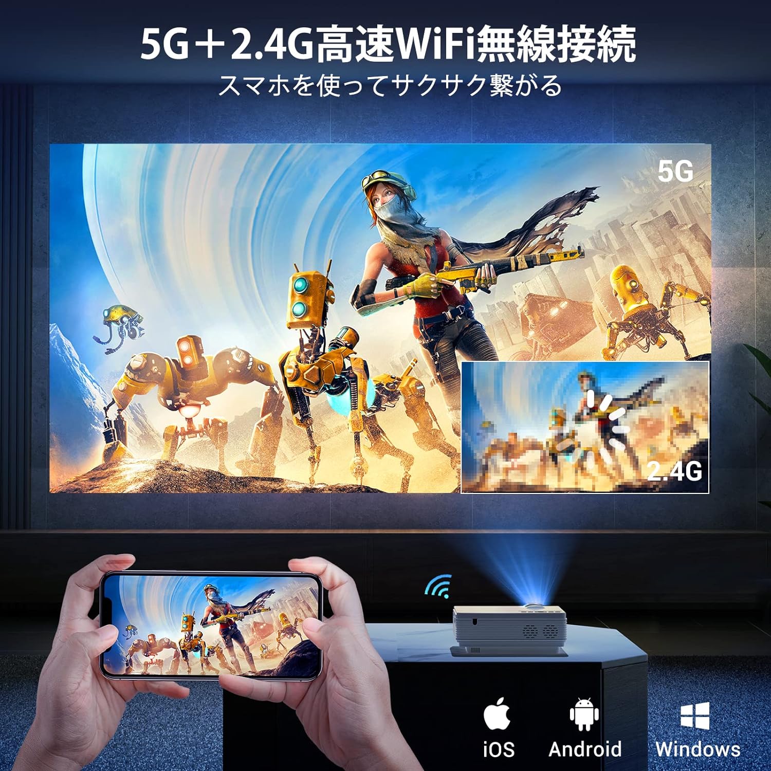プロジェクター 家庭用 小型 4K対応 13000LM 1080P高画質 自動台形補正 安い 5G&2.4G wi-fi 6 対応 天井 ホームシアター 子供 Android iPhone PC 短距離投影 コンパクト Bluetooth 5.2 HIFIスピーカー内蔵 4Kビデオに適応する ホームシアター 一人暮らし