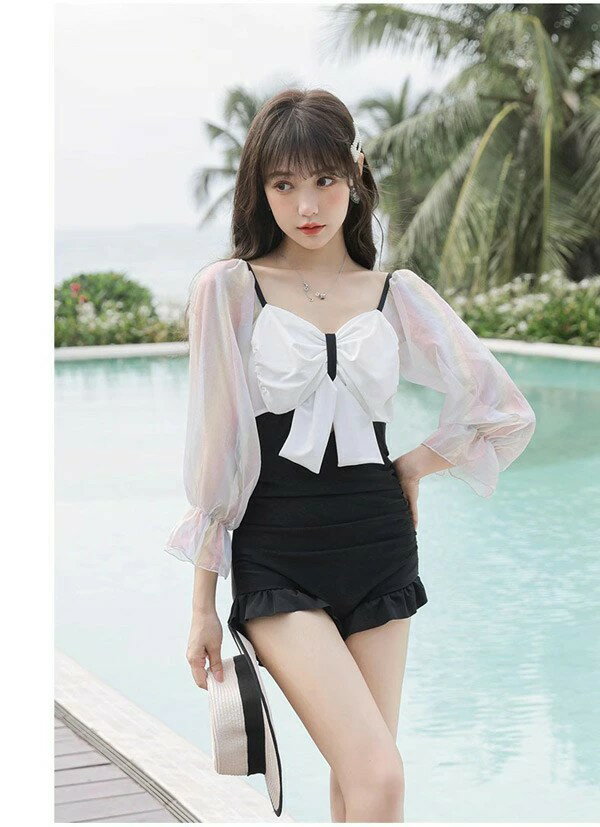 水着 レディース ビッグリボン 長袖 透け感あり ワイヤーなし パッド付 オールインワン ワンピース水着 服みたいな 着?せ シンプル セクシー 写真映え 撮影用 海 夏 サマー プール リゾート 透け感あり 旅行 温泉 大人 女性用 ジュニア 学生 ブラック