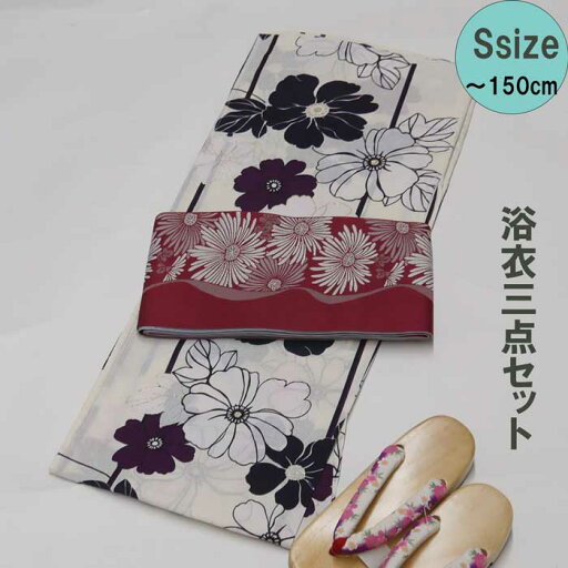 レディース 綿麻浴衣 Ssize3点セット 夏花《白》 帯 下駄付 20代 30代 40代 レディース 綿麻浴衣 Ssize3点セット 夏花《白》 帯 下駄付 20代 30代 40代