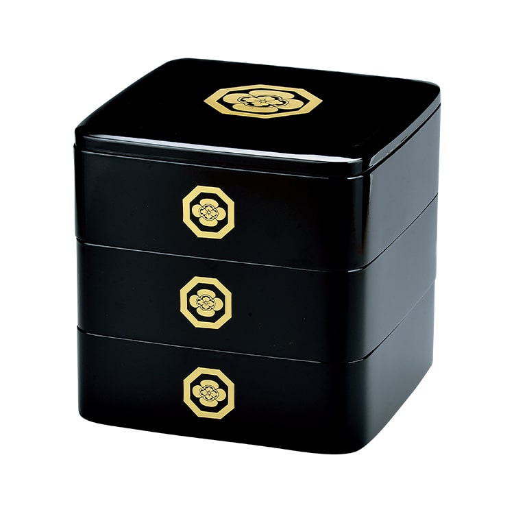 叙勲・家紋 黒 6.5 隅丸 三段重 家紋 木粉と樹脂の成形品 ウレタン塗装 お重 誕生日 米寿祝 お祝い 贈答 引き出物 内祝い ギフト【21-1-5】