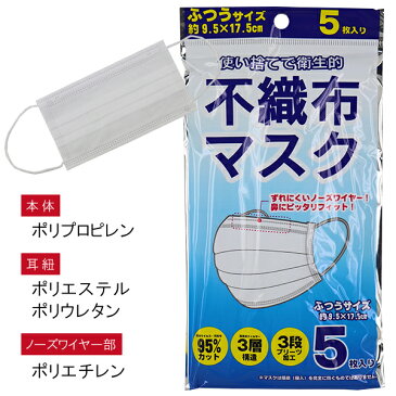 不織布マスク 5枚入り 使い捨てマスク ふつうサイズ 約9.5×17.5cm 【送料無料(税込1000円のお買上げが条件)】入園 入学 通園 通学