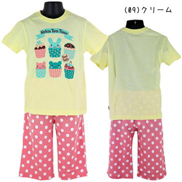 綿100% どうぶつカップケーキ×ドット 子供 女児 天竺 半袖 7分丈パンツ パジャマ 上下セット 100-130cm【送料無料(税込1000円のお買上げが条件)】