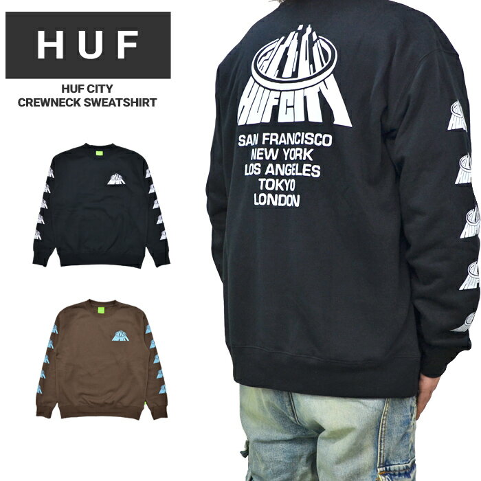  HUF (ハフ) スウェット HUF CITY CREWNECK SWEATSHIRT フリース トレーナー メンズ M-XL ブラック チョコレート PF00553 