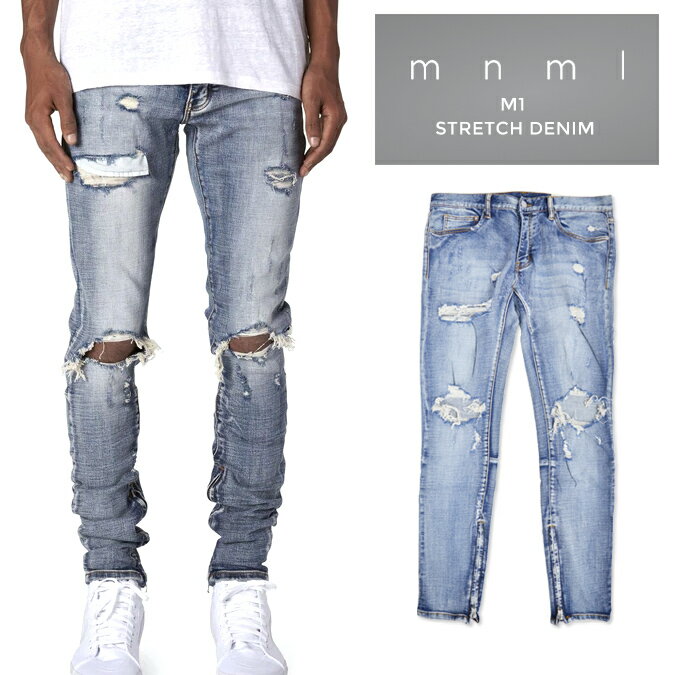 【割引クーポン配布中】 mnml (ミニマル) M1 Stretch Denim Blue M1デニム ジーンズ デニムパンツ ストレッチ ダメージ加工 スリム テーパード スキニー 裾ジップ メンズ 【あす楽対応】【RCP】