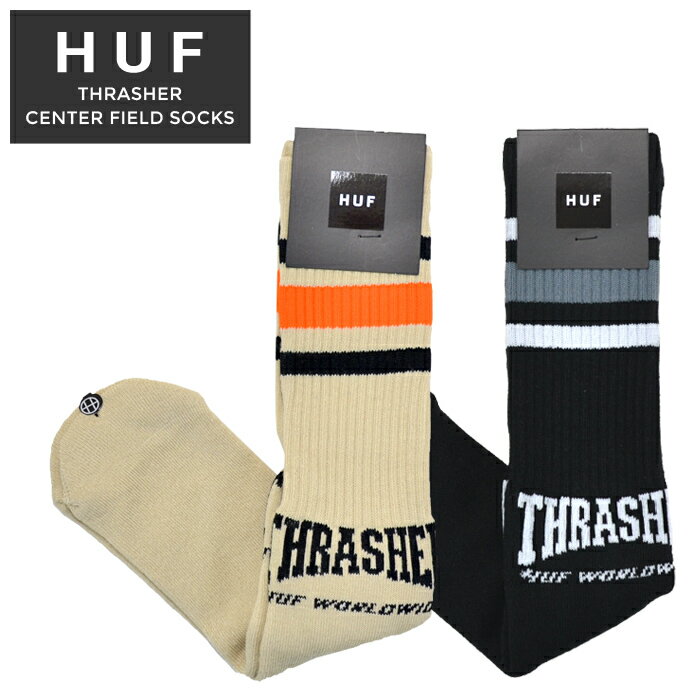 楽天NAKED-STORE【割引クーポン配布中】 HUF × THRASHER （ハフ × スラッシャー） ソックス CENTER FIELD SOCKS 靴下 メンズ スケートソックス クルーソックス ブラック ナチュラル SK00722 【ネコポス便発送で送料無料】【RCP】