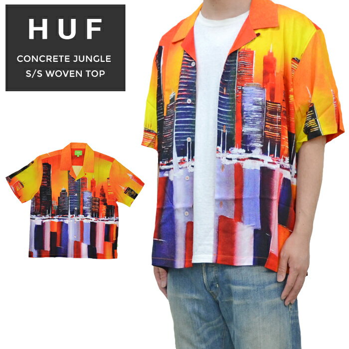  HUF (ハフ) シャツ CONCRETE JUNGLE S/S WOVEN TOP SHIRT リゾートシャツ カジュアルシャツ アロハ 半袖 メンズ M-XL オレンジ BU00156 