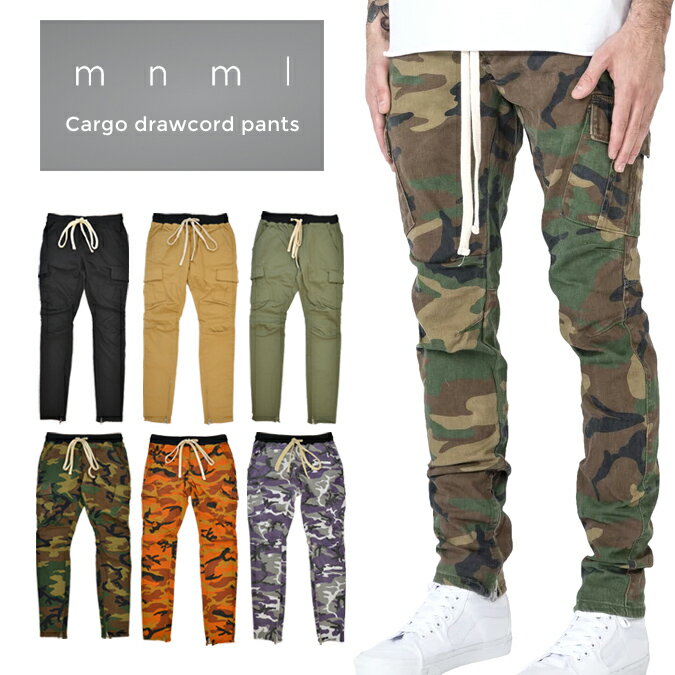 【割引クーポン配布中】 mnml (ミニマル) カーゴパンツ CARGO DRAWCORD PANTS スリム テーパード スキニー 裾ジップ ストレッチ メンズ 【あす楽対応】【RCP】