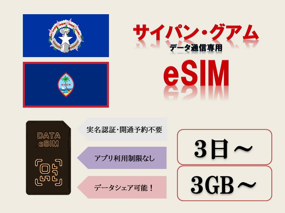 【商品特徴】 (1)対応地域：サイパン・グアム (2)データプラン：3GB、5GB、10GB、30GB (3)ご利用日数：3日、5日、7日、10日、15日,、30日 (4)データ制限：ご利用データ量がご注文のプランを超える場合、残りの期間中通信ができなくなります。 (5)日本のアプリがそのまま現地で利用！！ (6)実名認証・事前開通予約不要！！ (7)受取り：楽天メッセージにて送信いたします。 楽天市場ショップ問い合わせ履歴よりご確認ください。 【注意事項】 (1)当eSIMは、SIMフリーまたはSIMロック解除済のeSIM対応スマホのみご利用いただけます。 (2)当eSIMは、データ通信のみとなり、通話・SMS等はご利用いただけません。 (3)スマホのみ利用可能、タブレット/ノートパソコンは利用不可となります。 (4)1つのQRコードは1端末のみに利用可能です。 (5)開通した時点から23時59分まで1日としてカウントされますのでご注意ください。 【有効期限】 QRコード発行から30日 ※ご注文時必ず正しいご利用開始日を記入してください。 【返品等】 当店では下記の内容につきましては対応できませんので、ご了承下さい。 (1)QRコード商品になる為、ご注文確定後のキャンセル又はご返金はできかねます。 (2)プロファイルを削除した場合、同じQRコードは利用できません。 (3)お客様設定ミスによるローミング料金