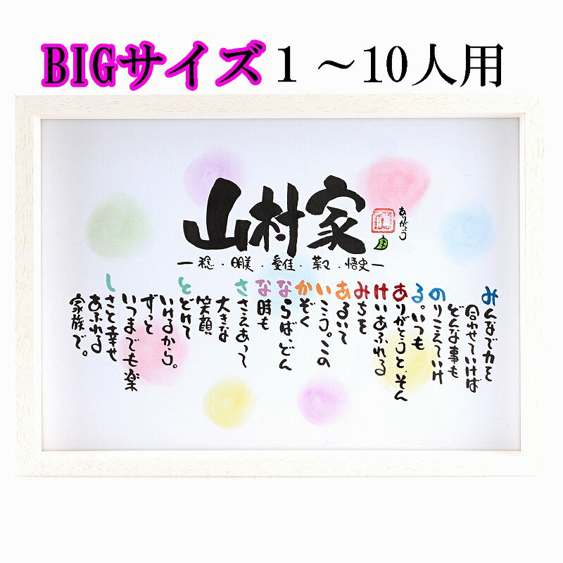 〜 大切な方へ　世界でたった一つ　お名前ポエムの贈り物 〜 新築のお祝いや百寿のお祝いに お店の開店祝いに。 会社へのギフトとして。 またご自身のご家族の記念にもなります。 ひとつひとつ心を込めて書かせていただきます。 表面はアクリルになっており軽量でなおかつ高級感溢れるフレームです。お部屋のインテリアともマッチします。 ●額縁内寸法mm　約515×364 B3サイズ ●材質　木、アクリル、箱付き ●透明ラッピングも可能です。 ●原産国　日本 ●基本的には5営業日以内の出荷、最短翌日出荷可 ●ペットのお名前もお入れ可能です。 ●お名前の文字数によってはお名前を文中に織り込む形となります事をご了承下さい。 ●贈り物として直送される場合は金額の分かるものは 同封致しませんのでご安心下さい。 →苗字無しタイプはこちら →6〜8名様タイプはこちら →ご家族様イラストタイプはこちら 【ご注文の流れ】 ご注文 (商品をカートに入れて決済画面下部の備考欄にご注文内容をご記入下さい） ↓ 楽天よりご注文確認メール送信 ↓ 詩の提案（修正の場合はご対応させて頂きます。） ↓ OK ↓ 制作 ↓ 完成画像送付 ↓ 商品のお届け お祝い/還暦/退職/古希/真珠婚/金婚/銀婚/ダイヤモンド婚/喜寿/米寿/お名前/ポエム/作詞/サービス/結婚記念日/傘寿/新築祝い/母の日/父の日/敬老の日/結婚祝い/卒業/引っ越し祝い/クリスマス/急ぎ/家族の名前/詩/ポエム/筆文字作家/誕生日プレゼント家族ポエム 家族みんなのお名前でお名前ポエムの贈り物 1〜10人用までご対応可能 世界にたったひとつお名前を使って感動の贈り物！！ 名入れプレゼント/名前入りの詩/ネームポエム/お祝い/還暦/退職/古希/真珠婚/金婚/銀婚/ダイヤモンド婚/喜寿/米寿/結婚記念日/傘寿/新築祝い/母の日/父の日/敬老の日/結婚祝い/引っ越し祝い