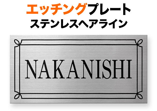 表札 エッチングプレート 機能門柱用 戸建て ステンレス 耐久性 高級感 200×100 2mm フレーム柄 英字表記 可読性が高い書体 爽やか 安定感 繊細 信頼感 優雅 上品 知的 伝統的 真面目 きっちり はっきり クール メリハリ 洋風 親近感 遊び お洒落 横型 長方形 SF-30