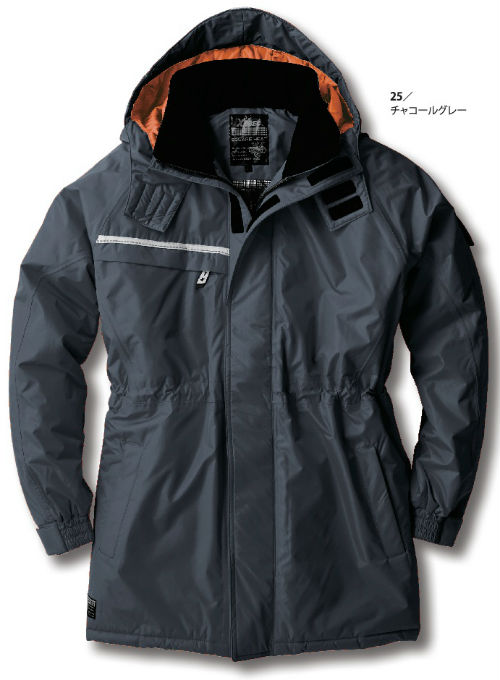 &nbsp; 素材 表：ポリエステル100％(タフタ)裏：ポリエステル100％(タフタ、アルミ箔プリント)中綿：ポリエステル100％ 機能・特徴 胸ポケット(巾13.5cm×深さ19.5cm)樹脂ファスナー樹脂ボタン(ドットボタン)透湿性2000g防水性耐水圧10000mm防風性 カラーバリエーション（全3色） チャコールグレーコンオレンジ &nbsp; ＊注意：サイズにより価格が異なりますので 下記の「サイズごとの特別販売価格表」をご参考ください。 &nbsp; サイズ 特別販売価格 M〜LL 上記販売価格 3L 販売価格+税抜200円 4L 販売価格+税抜400円 5L 販売価格+税抜800円 &nbsp; &nbsp; 581 防水防寒コート 582 防水防寒ブルゾン 580 防水防寒パンツ