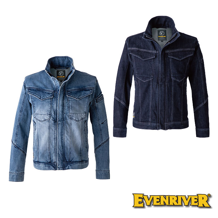 樂天商城 - USD1107 ストレッチデニムジャケット 作業着 ストレッチ イーブンリバー EVENRIVER ジャケット メンズ【社名刺繍無料】 S〜5L 綿99％ 9ポリウレタン1％ 前ファスナー引手 ダブル前立て 胸ポケット 袖口ロットボタン