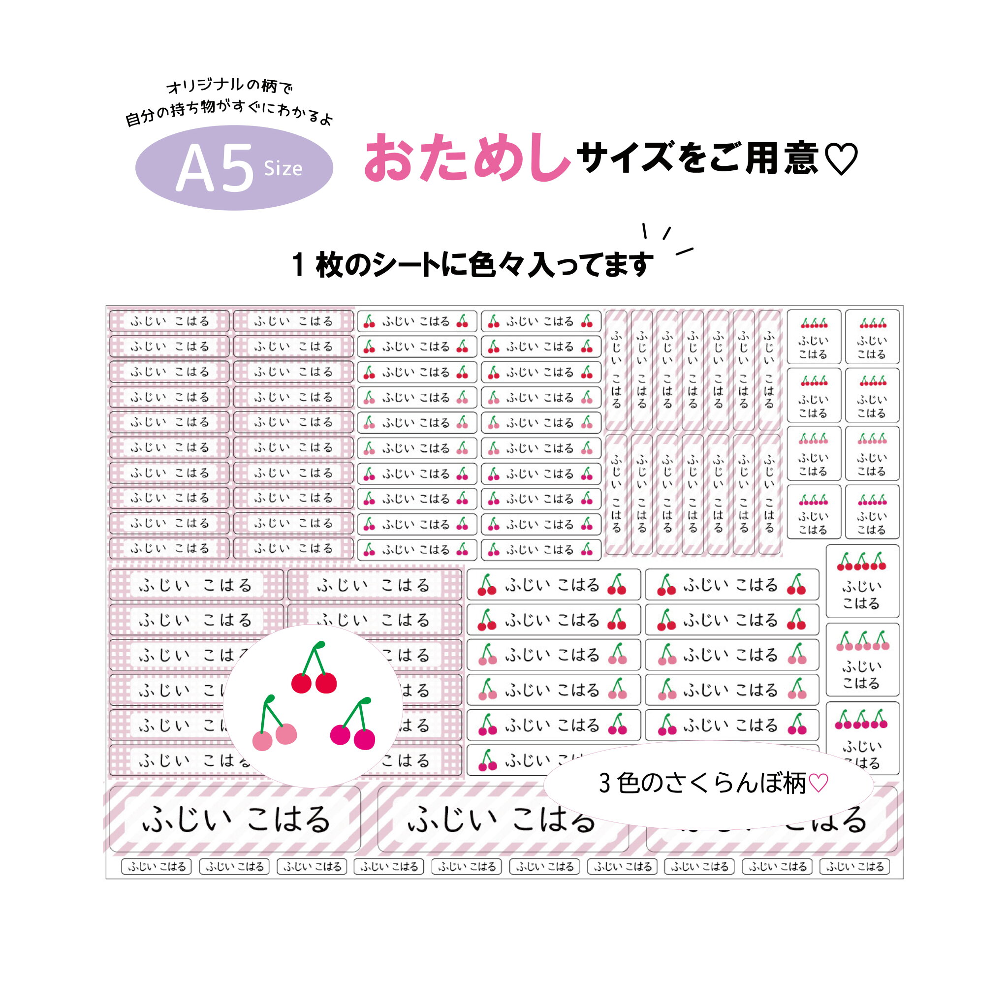 お名前シール A5サイズ おためし 名前シール 女の子 防水 オリジナル おしゃれ かわいい 入学 入園 出産祝い おなまえシール 入学祝い 入学準備 さくらんぼ