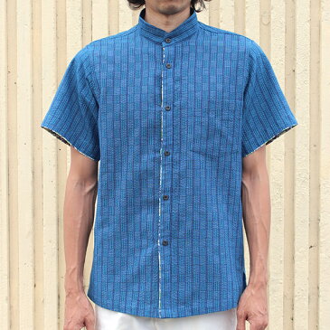 <限定品>紅型×阿波正藍しじら織りかりゆしシャツ【縹細縞格子】スタンドカラー