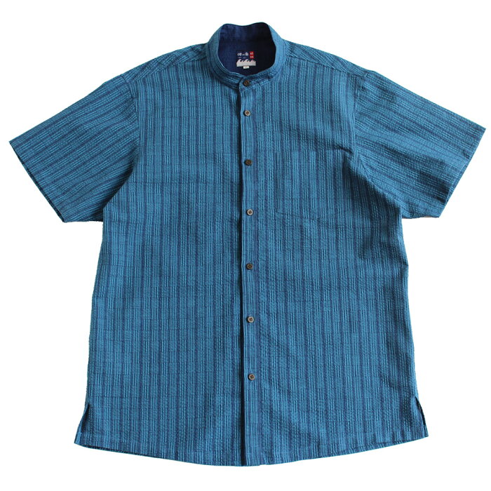 【送料無料】 【限定品】 阿波正藍しじら織りかりゆしシャツ（縹細縞格子）スタンドカラー