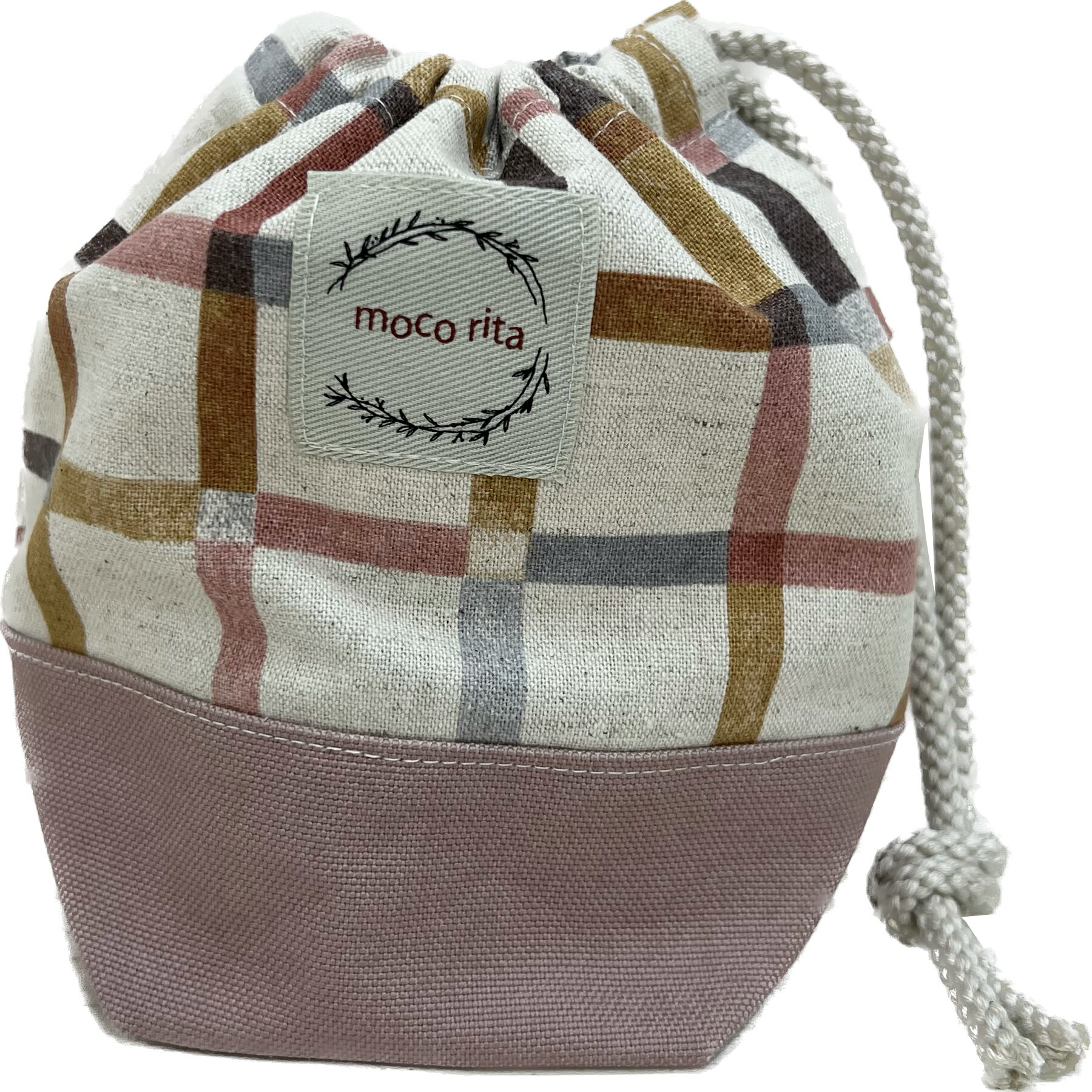 巾着 小 巾着袋 コップ袋 【くすみチェック ピンク】帆布 こども キッズ 子供用 コップ入れ 保育所 コ..