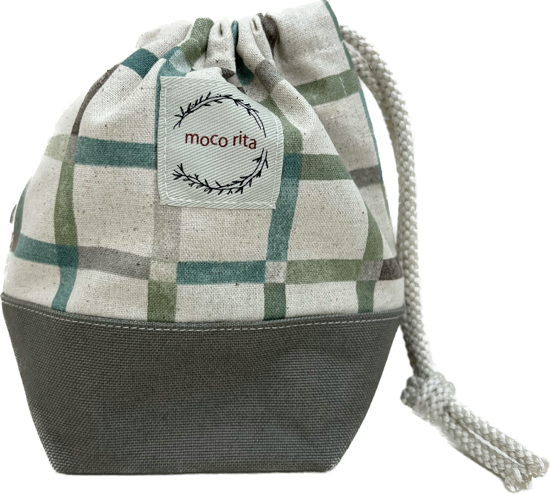 巾着 小 巾着袋 コップ袋 【くすみチェック グリーン】帆布 こども キッズ 子供用 コップ入れ 保育所 コップ 保育園 幼稚園 小学校 男の子 女の子 ポーチ 通園 通学 入園 入学 準備 日本製 かわいい かっこいい おしゃれ 歯ブラシ入れ 小物入れ 収納袋 巾着