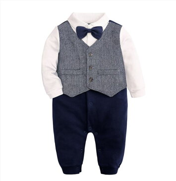 【予約販売:7-10営業日頃発送】ベビー フォーマル ロンパース 蝶ネクタイ 赤ちゃん ベビー服 新生児 カバーオール 長袖 秋物 薄手 男の子 出産祝い お食い初め お宮参り 誕生日 結婚式 パーティ 3色