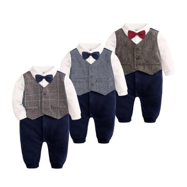 【予約販売:7-10営業日頃発送】ベビー フォーマル ロンパース 蝶ネクタイ 赤ちゃん ベビー服 新生児 カバーオール 長袖 秋物 薄手 男の子 出産祝い お食い初め お宮参り 誕生日 結婚式 パーティ 3色