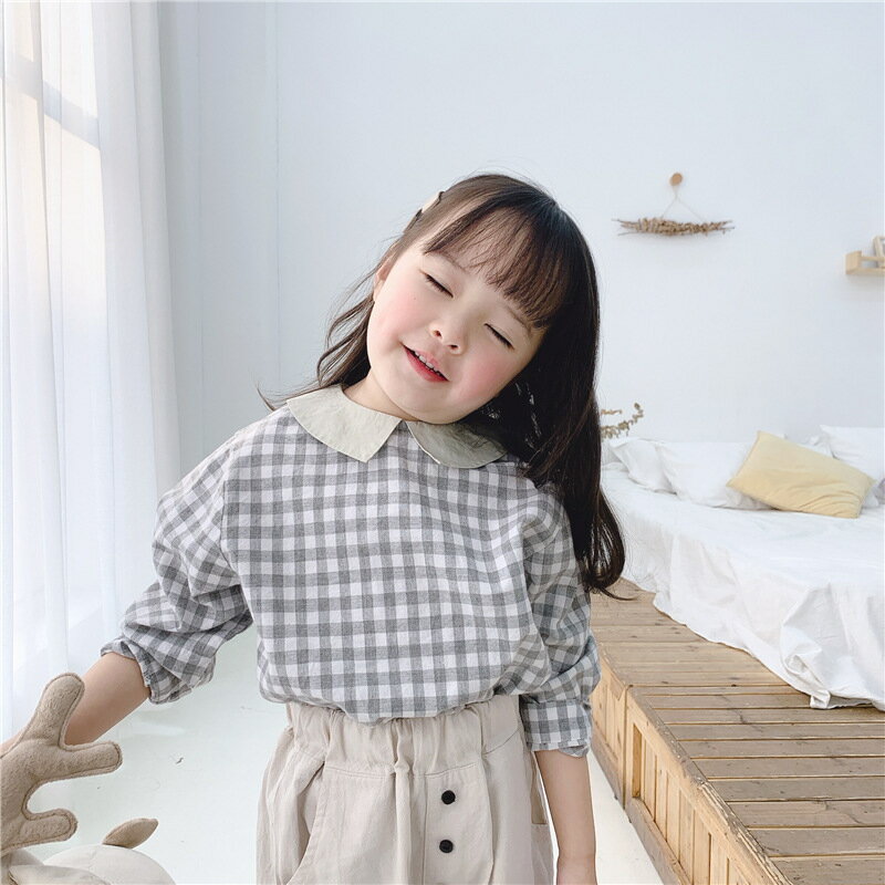 ブラウス チェック 襟 キッズ服 ベビー服 海外 グレー 80cm 90cm 100cm 110cm 春 秋 冬 韓国 かわいい 子供服 子供服Na-na