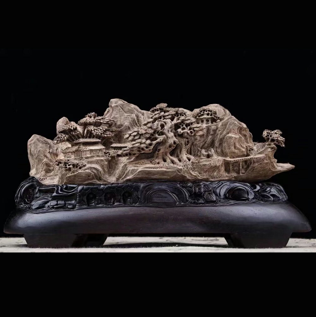 【天然沈香木彫】仙郷 木彫 珍品 コレクション 室内飾り 彫刻工芸品 置物 職人手作り 美術品 精密雕刻 極上品 L:33CM