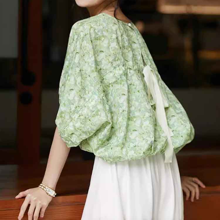 夏 半袖ブラウス 五分袖 レディース シフォン ドルマンスリーブ ドルマン ポリエステル ブラウス 半袖 ゆったり 大きいサイズ 半そで 体型カバー 5分袖 体型カバー トップス ドロップショルダー プルオーバー シャツブラウス バックリボン お洒落 上品 総柄