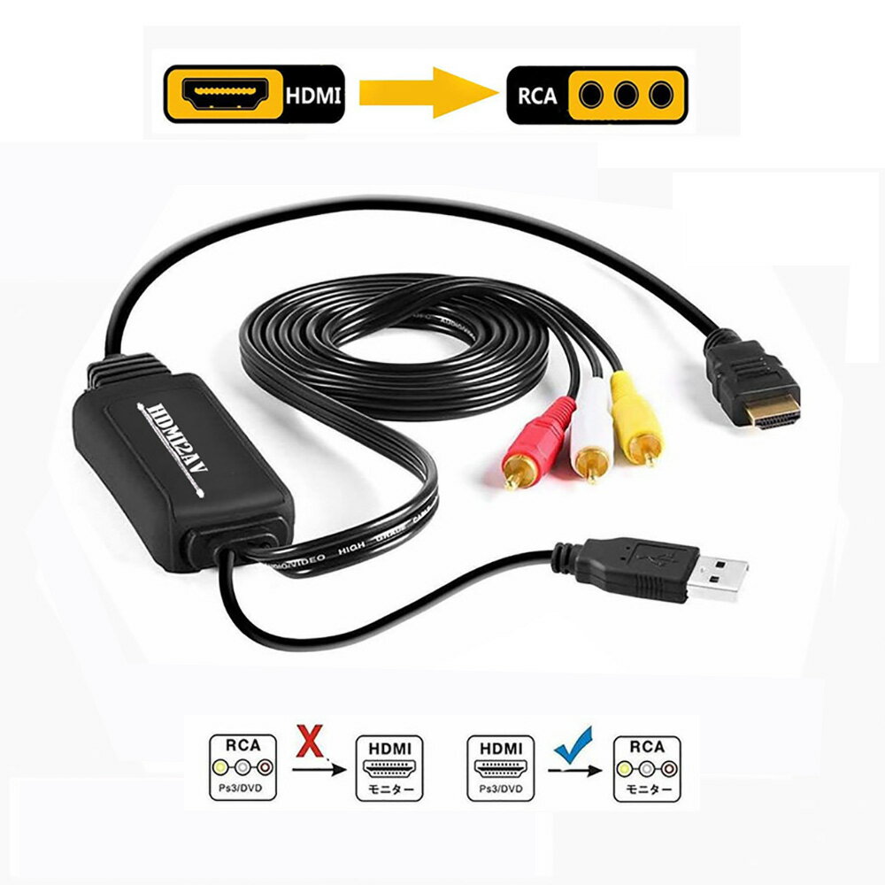 HDMIコンポジット変換 車載用対応 HDMI to RCA/AV/コンポジット 変換アダプター ケーブル 1080P USB給電 車載モニター テレビ ソフト不要 アナログ3 tecc-hdmi2av メール便発送 代引不可