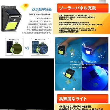電気代0円 集射ライト 48LED COB光源 人感 センサーライト 屋外 ソーラー 太陽光 3モード 防水 防犯ライト 配線不要 【メール便】tecc-solerlight05