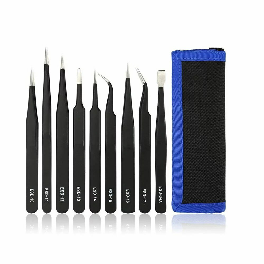 精密ピンセット ESD 極細 ピンセット 精密機器用 静電防止 耐酸 防腐 ステンレス製 9本セット tecc-pin9set