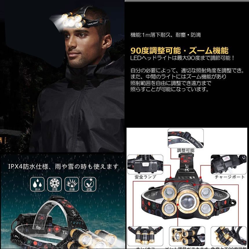 NANAHACHI 楽天市場店のUSB充電式 ヘッドライト LEDライト 充電電池式 防水 超強力 12000LM 4点灯モード 登山 夜釣り 作業 アウトドア tec-led12000lm｜アングル3