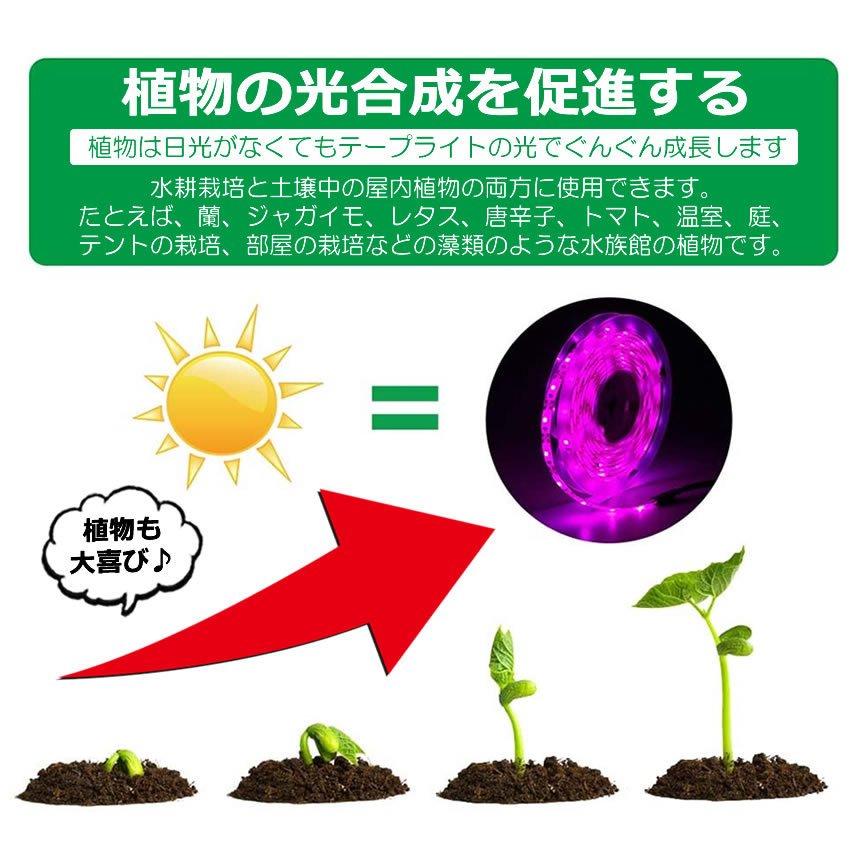 植物育成テープ ライト 3m LED テープライト 植物 成長促進 光合成 促進 防水 USB ...