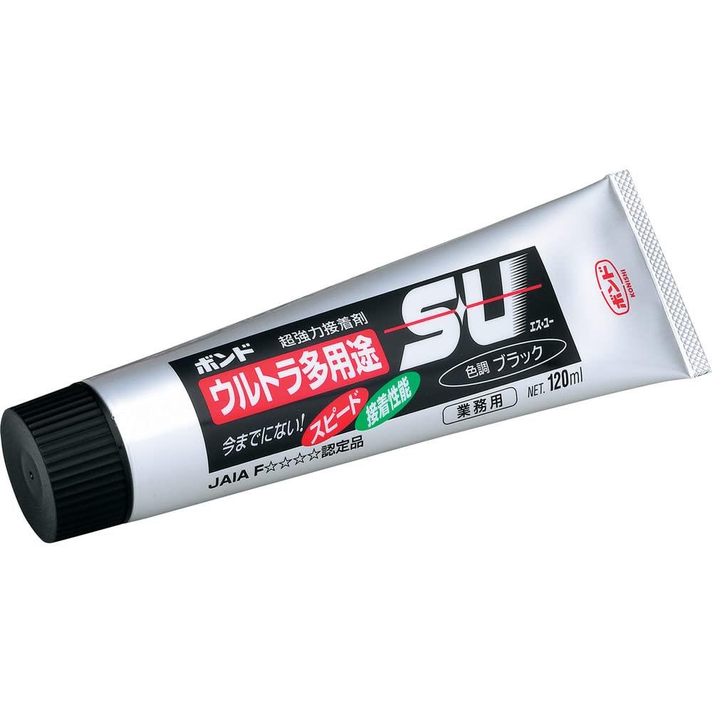 スタイル：単品◆商品名：ボンド ウルトラ多用途S・U ブラック 120ml #04725個装形態:箱性状:シリル化ウレタン樹脂系無溶剤形色調:ブラック性状:粘度50~100Pa・sNET(個装):120ml個装サイズ:W50×D39×H191個装重量:194g用途:屋内・屋外・凹凸面・水回りでの接着と補修に説明 【特長】 ●健康住宅対応、高機能、耐衝撃、弾力性、超速硬化(初期スピード接着に優れる)、超強力、用途広い、無溶剤、、耐水性 【用途】 ●金属・硬質プラスチック・木材・コンクリートの強力接着 ●広範囲の材料に使える ●屋内外・凹凸面・水まわりでの接着と補修 ●靴やバッグ・自動車部品の接着 ●膨張係数の異なる材料同士の接着 ●フックや表札・プレートなど壁面への接着