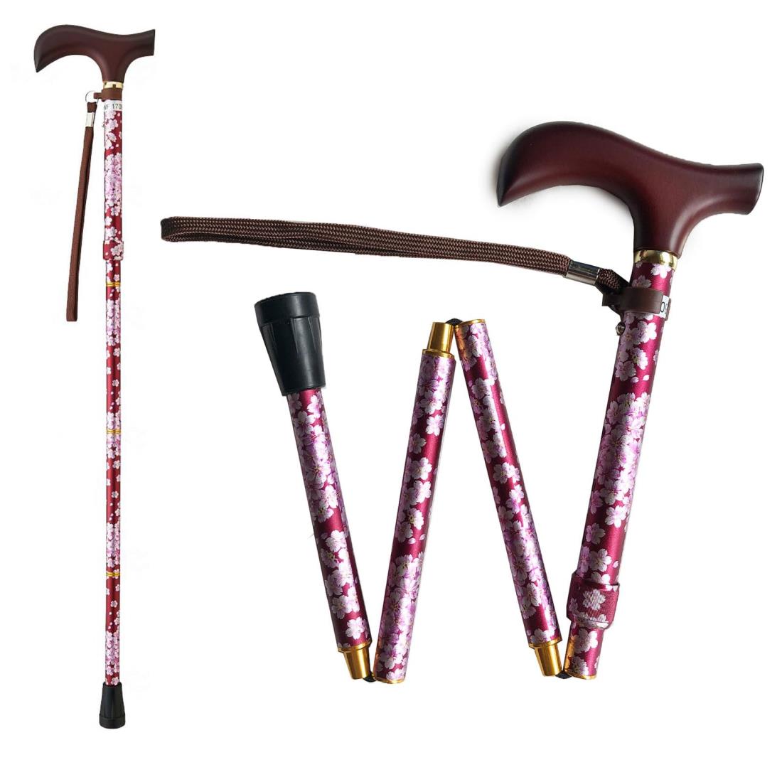 ウェルファン 夢ライフステッキ 折りたたみ杖 花柄 伸縮杖 軽量 アルミ 長さ調整可能 桜ワイン 009715 1個 (x 1)