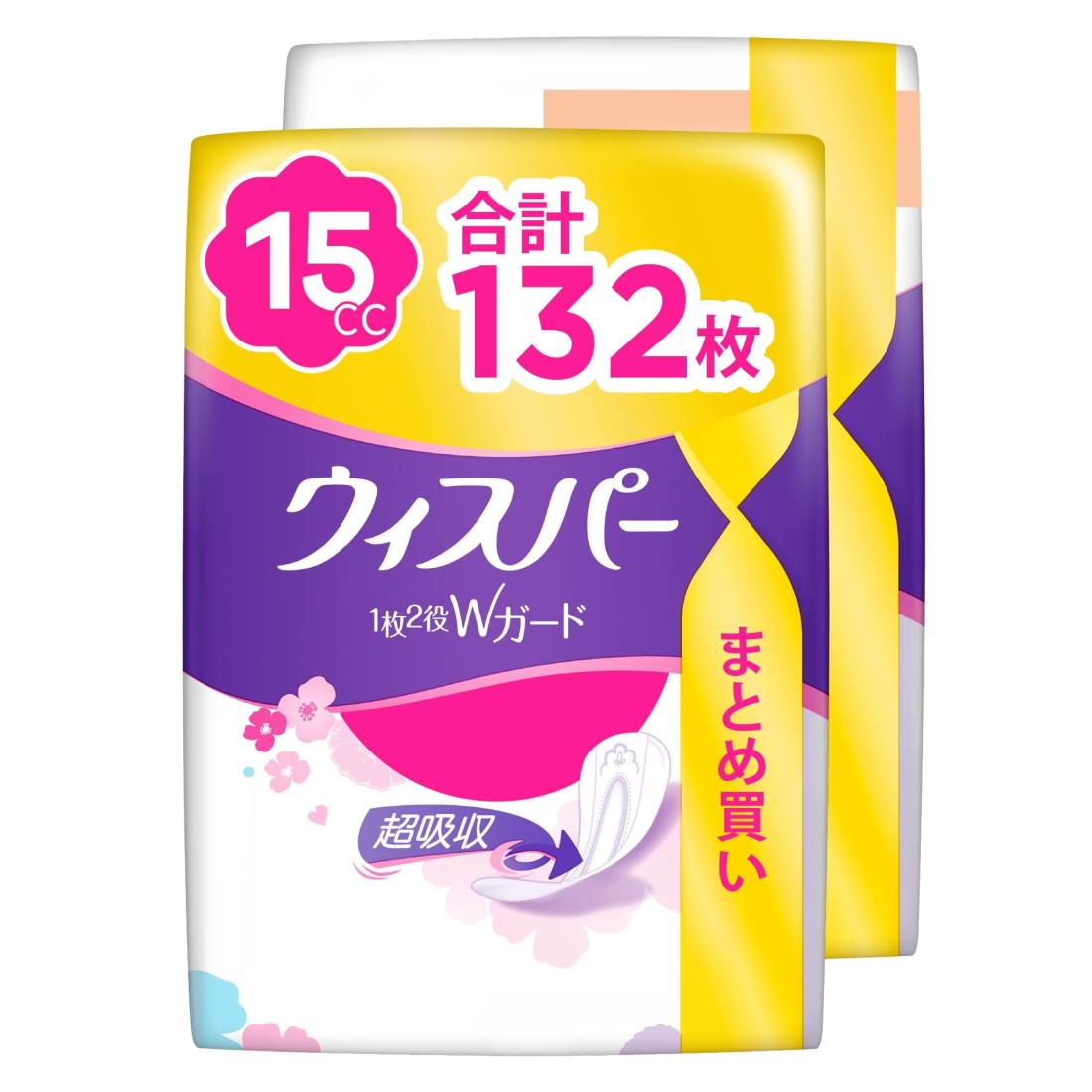 ウィスパー 1枚2役Wガード 15cc 132枚 (66枚×2パック) (吸水ナプキン 尿漏れパッド 女性用)【おりもの＆水分ケア】
