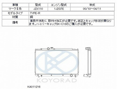 KOYO コーヨー レーシングラジエター タイプR トヨタ マークII JZX110 2000/10-2004/11 MT 品番：KA011216 3